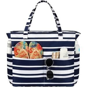 New Trifabricy Navy Blue White Striped Large Zippered Lightweight Beach Tote Bag